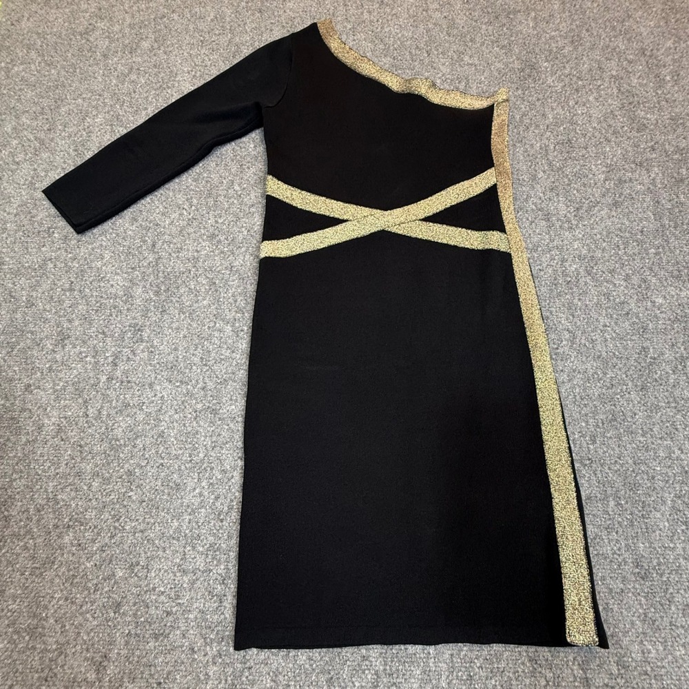 XOXO Y2K Black Gold One Shoulder Bandage Bodycon Dress Metallic Trim Size M
